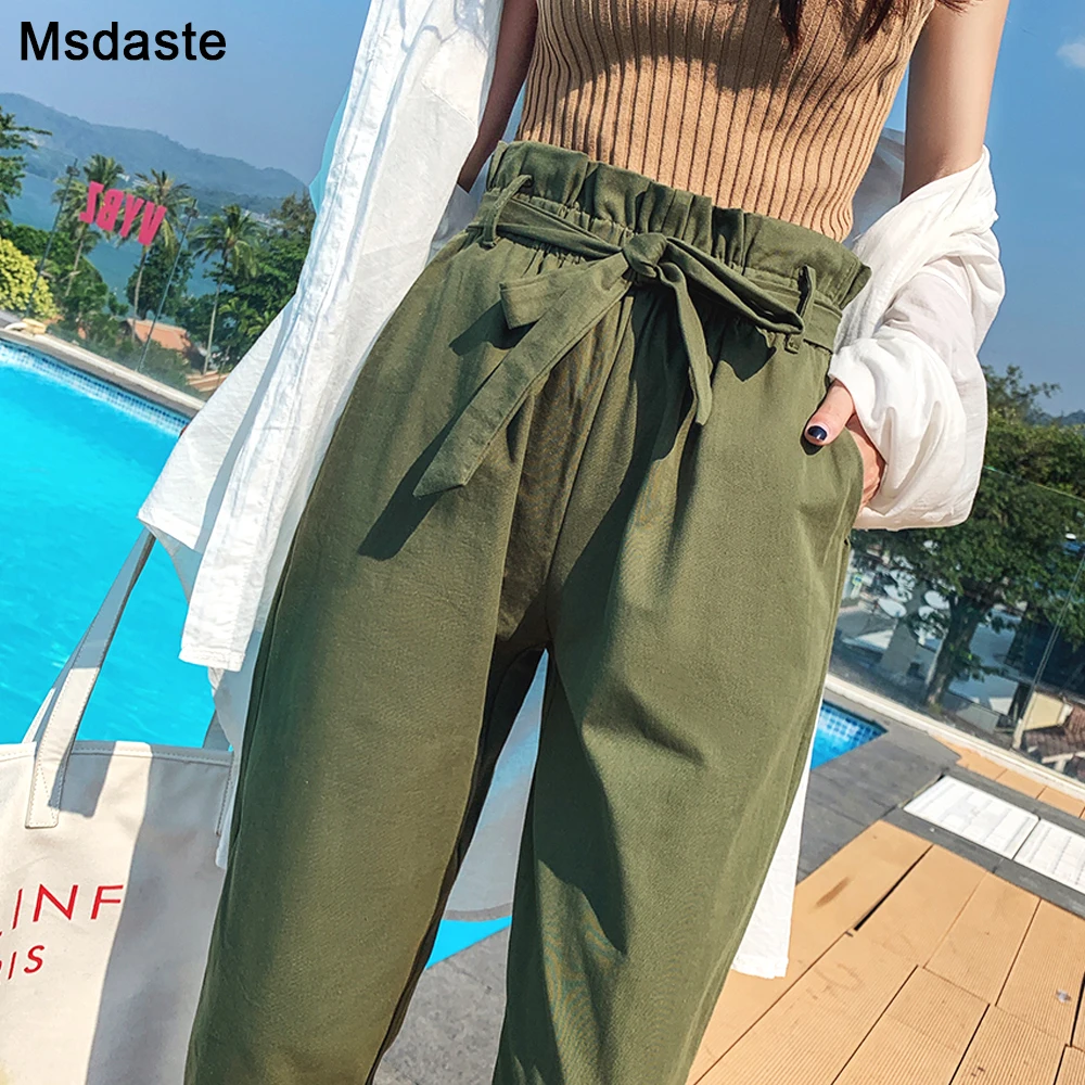 

Women Harem Pants 2019 New Fashion Lady Elastic High Waist Bow Tie Drawstring Streetwear Pockets Female Casual Cropped Trousers