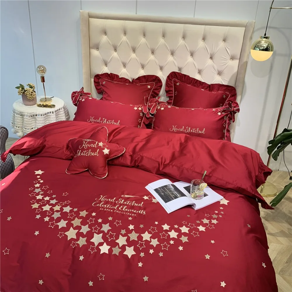 Best Luxury 80S Egyptian cotton Wedding Bedding sets Queen King Princess Duvet cover Bed sheet set Pillowcases 4 6pc Pink Flounce Red
