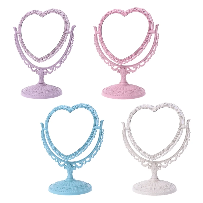 2Sides Heart shaped Makeup Mirror Rotatable Stand Table Compact Mirror