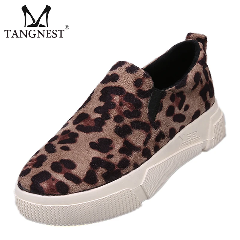 

Tangnest 2019 New Winter Leopard Platform Flats Women Loafers Slip On Round Toe Creepers Female Warm Soft Flat Shoes XWD7296