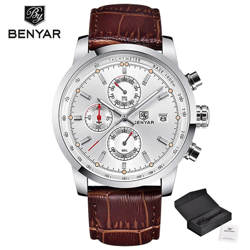 L-Brown White BENYAR Роскошные Брендовые мужские часы из нержавеющей стали, часы с хронографом, водонепроницаемые повседневные деловые кварцевые наручные часы для мужчин, Reloj Hombre - Цвет: L-Brown White