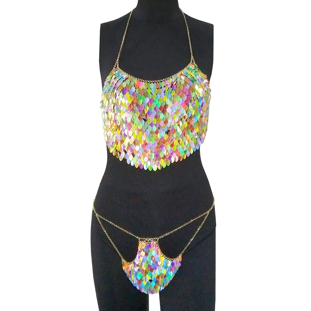 Sexy Bling Metal Body mujer Chest Chain bodysuit Women Colorful Sequin Summer Jumpsuit Handmade Luxury Nigh Club Party Overalls