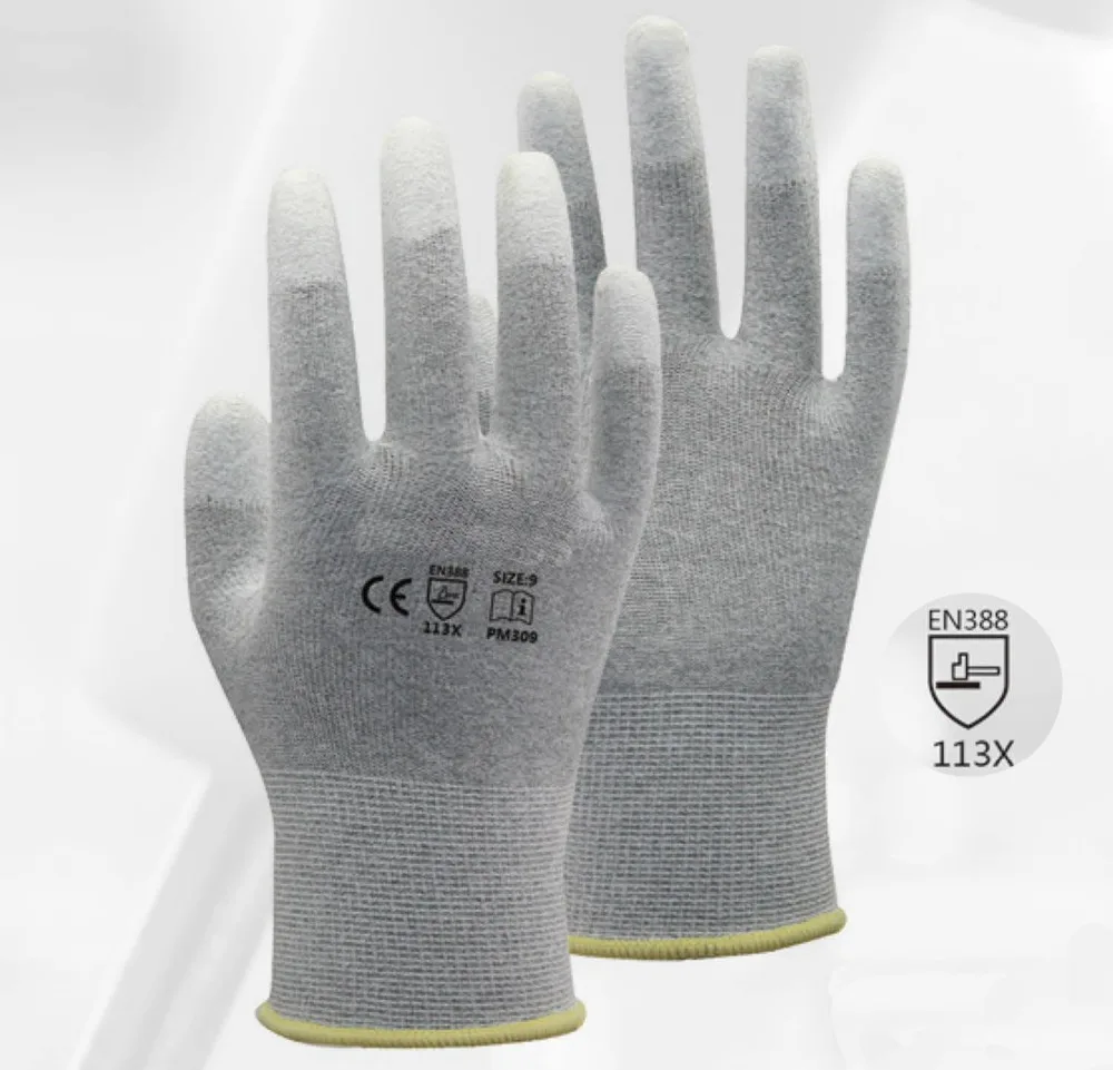 

13 gauge carbon liner ESD Safe Anti-static PU Finger Top Coated Work Gloves for Electronic Works