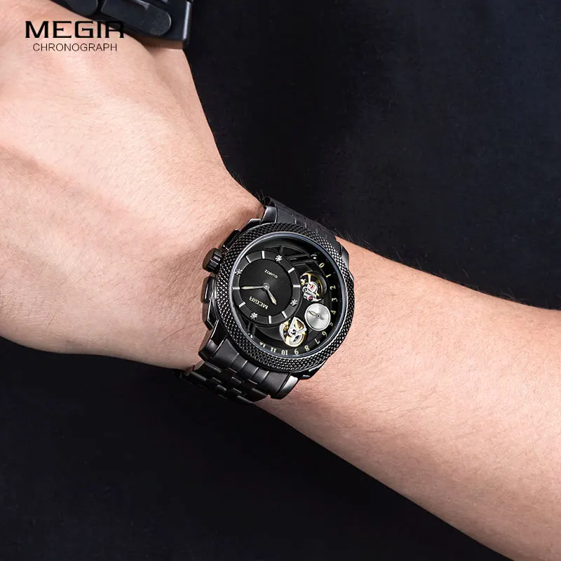 Megir декоративные Механические Мужские t кварцевые наручные часы водонепроницаемые часы из нержавеющей стали для мужчин 2091G-BK-1