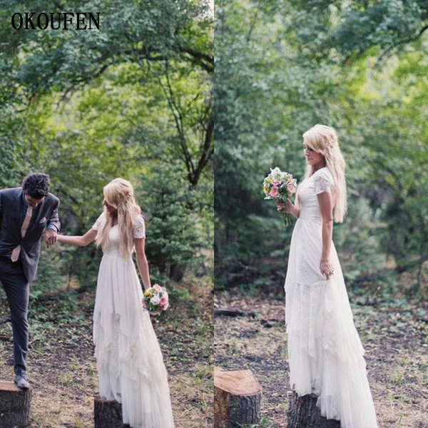 

Country Wedding Dresses 2019 Short Sleeves Layered Bride Vintage vestidos de noiva robe mariage Romantic Hippie Bridal Gowns