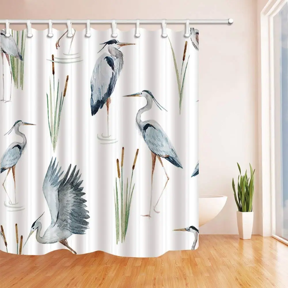 US $20.86 Water Birds Shower Curtains Watercolor Flying Crane with Plants Polyester Fabric Waterproof Bathroom Bath Curtain