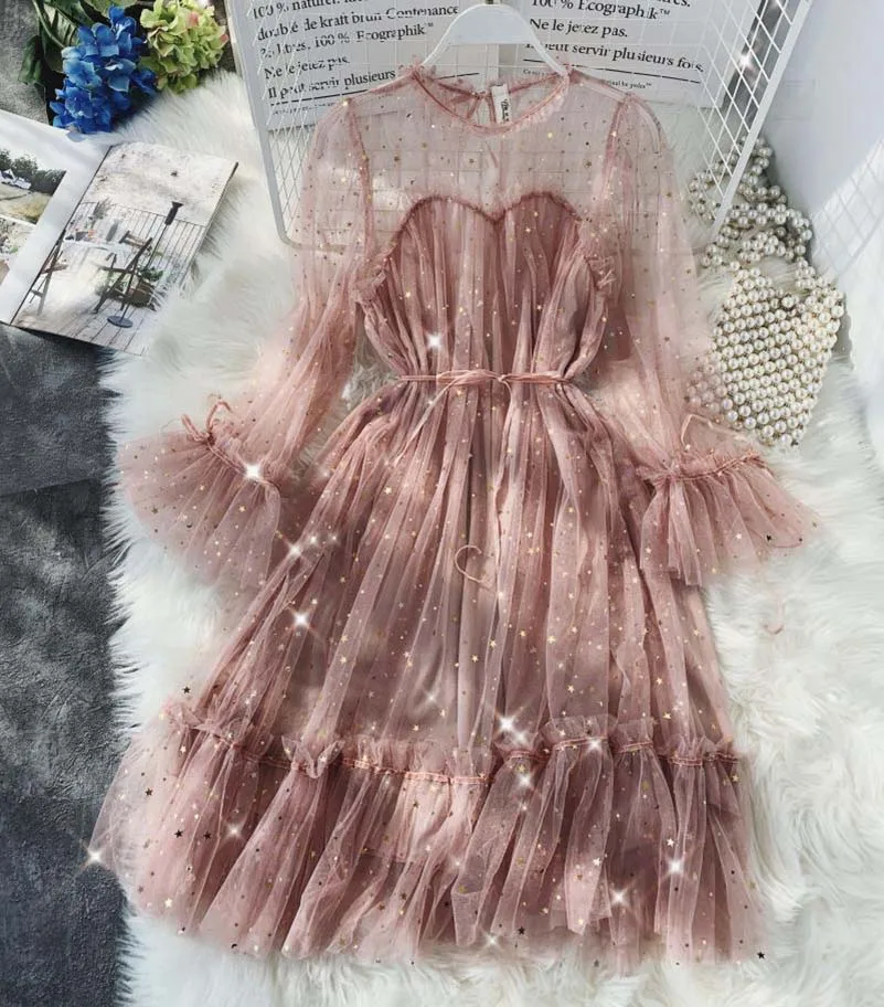 

NiceMix Fairy Mesh Dress O Collar Long Sleeves High Waist Sequins Princess Dresses Pure Color Midi Party Dresses Holiday V