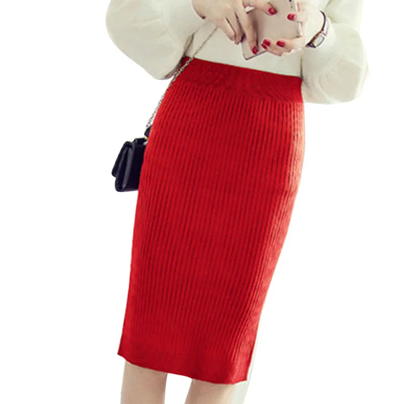 Модные осень-зима Для женщин трикотажные Юбки-карандаши стрейч Высокая талия длиной до колена зауженное офис, женское облегающее длинная юбка HSJ88