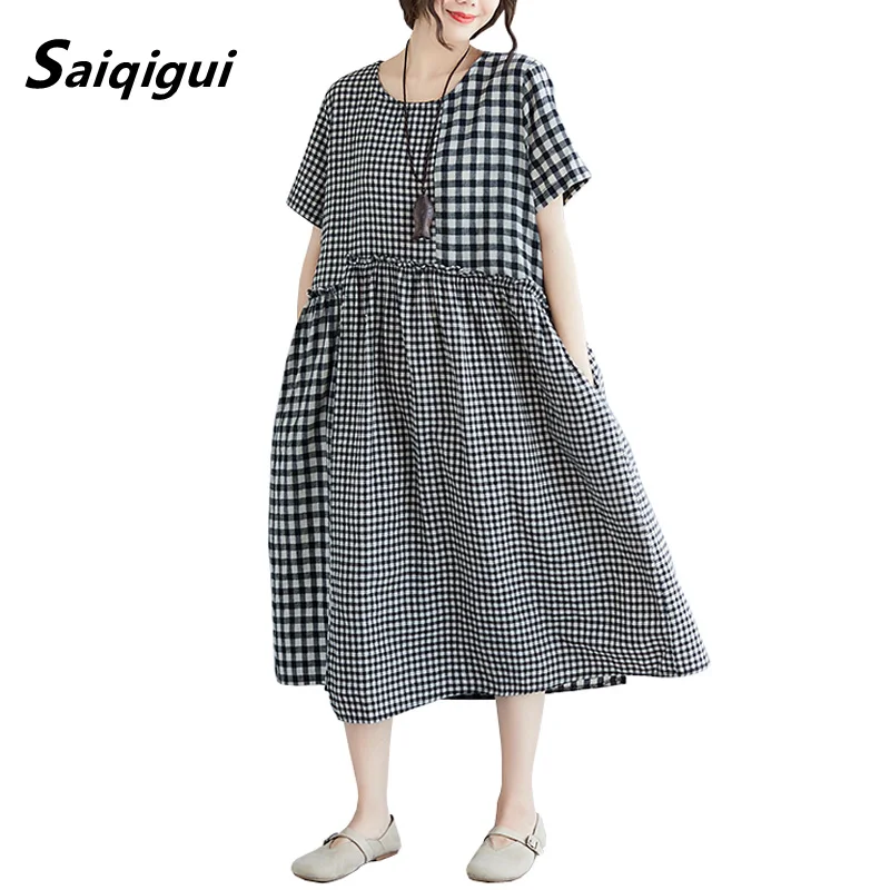 

Saiqigui 2019 spring summer dress women short sleeves Plaid casual loose Korea A-line vintage large size cotton linen dresses