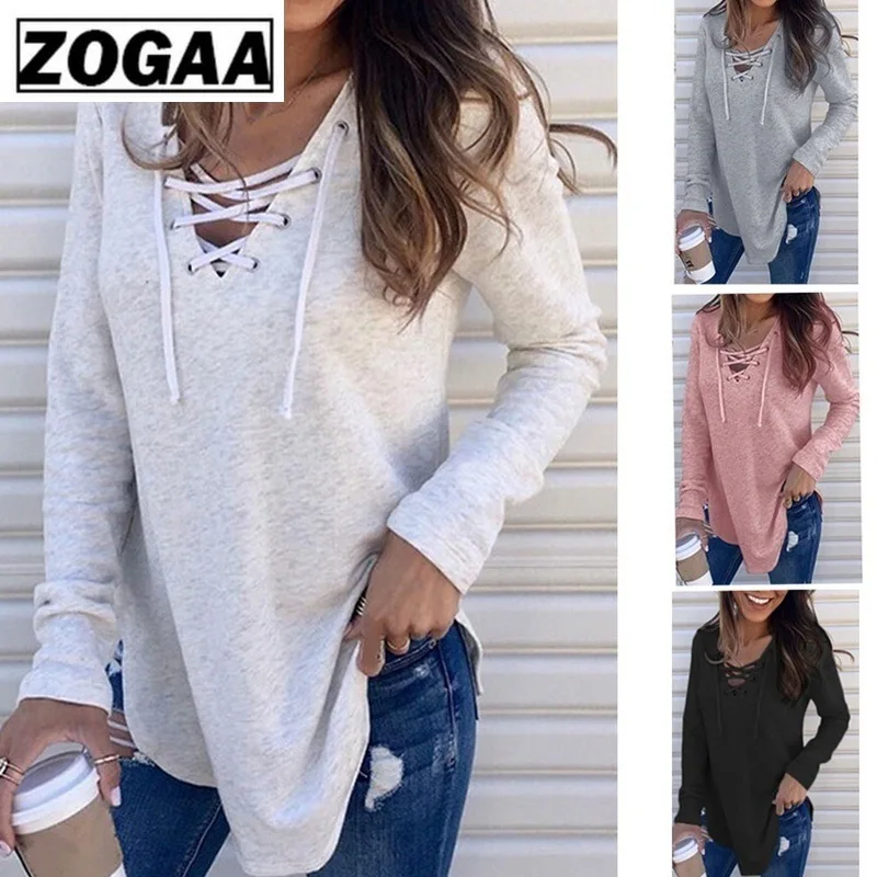 

2019 Autumn Solid Color V-neck Tied Bandwidth Loose Tops Sexy Deep V-collor Sweatshirts Casual Long Sleeve Women Clothes ZOGAA