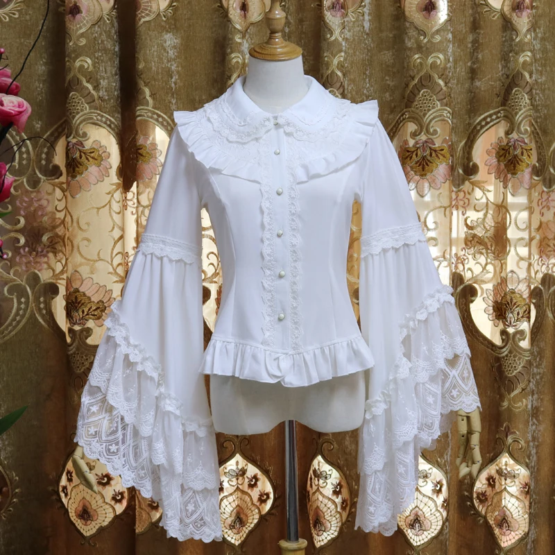  Retro Victorian Chiffon Blouse Long Flare Sleeve Ruffled White/Black Lolita Shirt