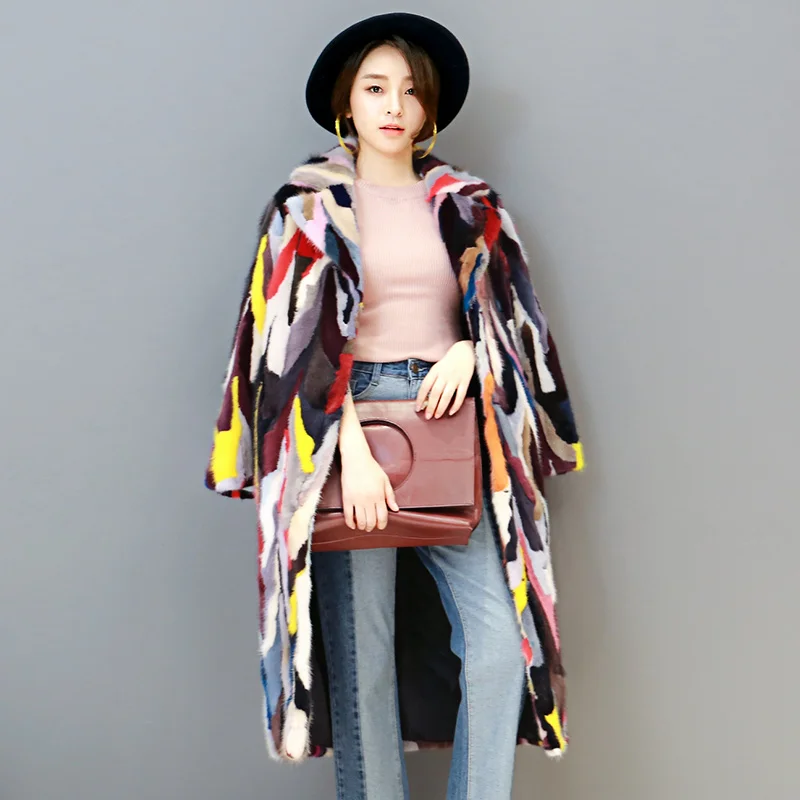 

New Fashion Winter Warm Real Fur Coat Women Colorful Pieces of Mink Fur Long Coat Jacket Female Luxury Genuine Mink Fur Coat