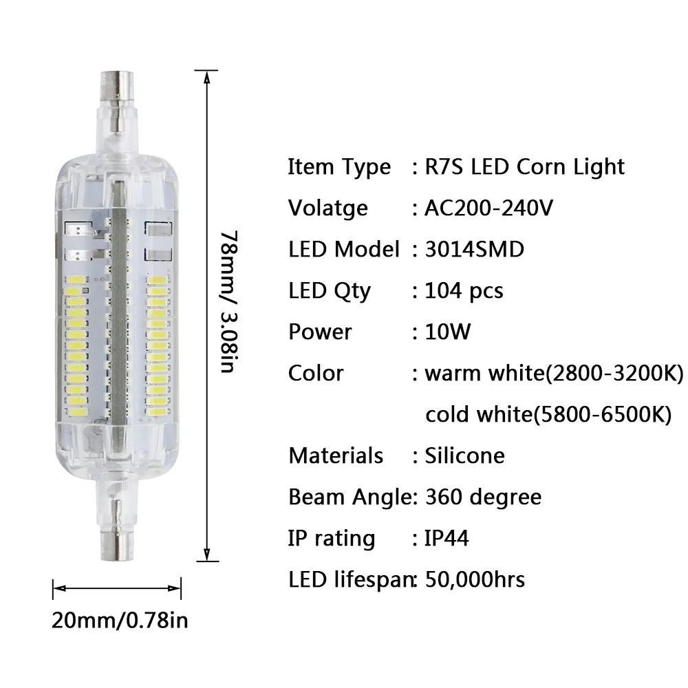 Силиконовый R7S светодиодный светильник переменного тока 220 в 240 В кукурузная лампа 78 мм 118 мм светильник SMD 3014 лампа 10 Вт 15 Вт Замена галогенов Bombillas 360 градусов