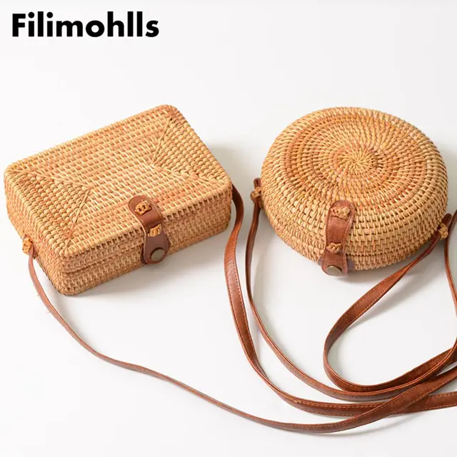 Summer Women Handmade Round Bamboo Handbags Rattan Bags Circle Box Summer Women Handmade Round Bamboo Handbags Rattan Bags Circle Box Bali Bohemian Beach Totes Knitting