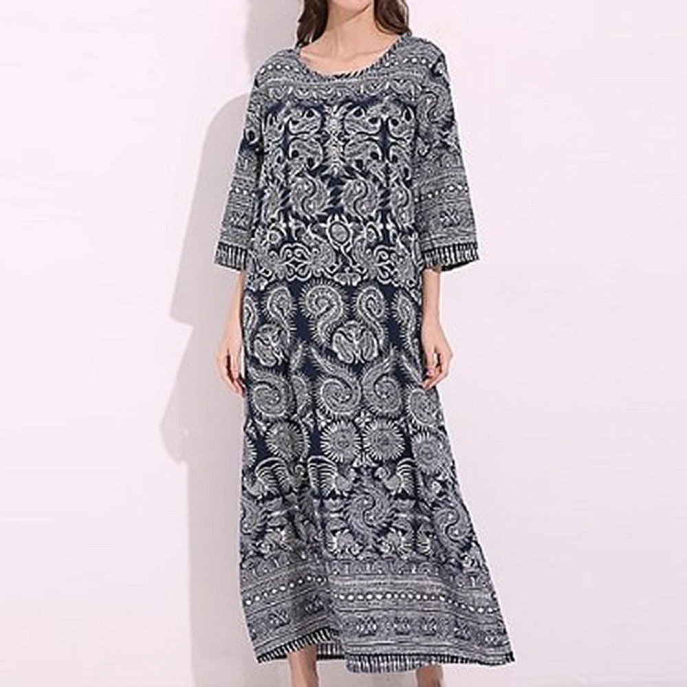 

Elegant Floral Print Summer Dress Women Half Sleeve O-Neck Loose Dress Bohemia Casual Long Dress Plus Size Beach Dresses Female