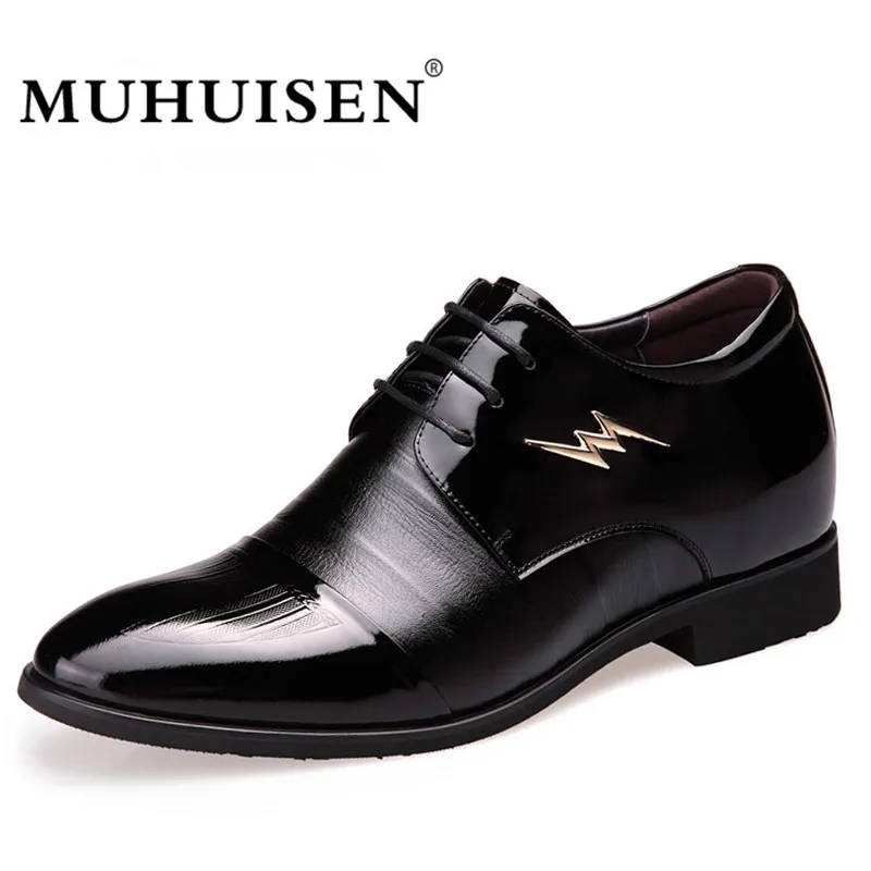 

MUHUISEN Men Dress Shoes Spring Autumn Genuine Leather Business Height Increasing Flats Shoes Pointed Toe Wedding Shoes