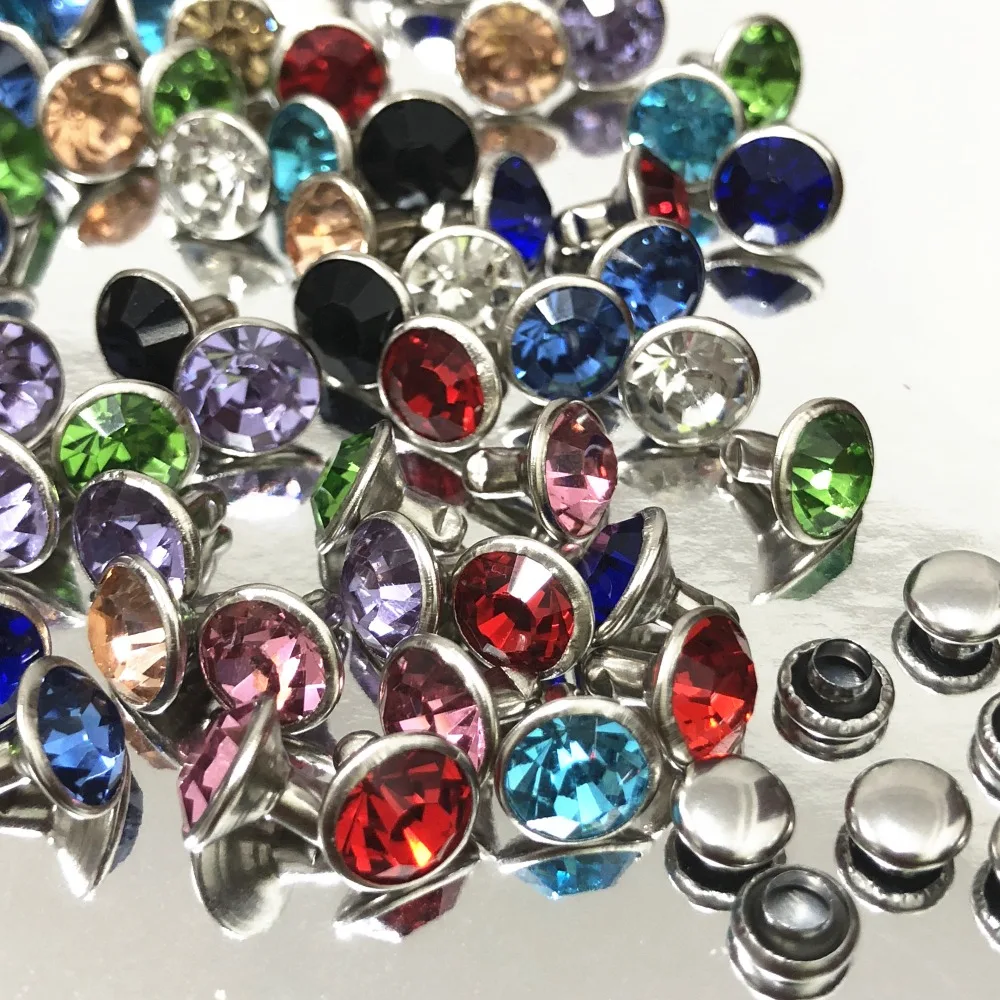 

New Coming 8MM 50 Sets Cz++ Multi Color Crystal Rapid Rivets Silver Plated Spots Studs Double Cap for DIY Leather-Craft Making