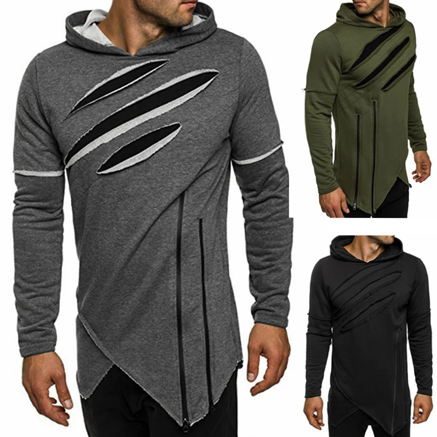 

Men's Long Sleeve Hoodies Sweatshirts Ripped Zip irregular Hip Hop Hoodies High Street wear Male Hoodie Pullovers Men Tops