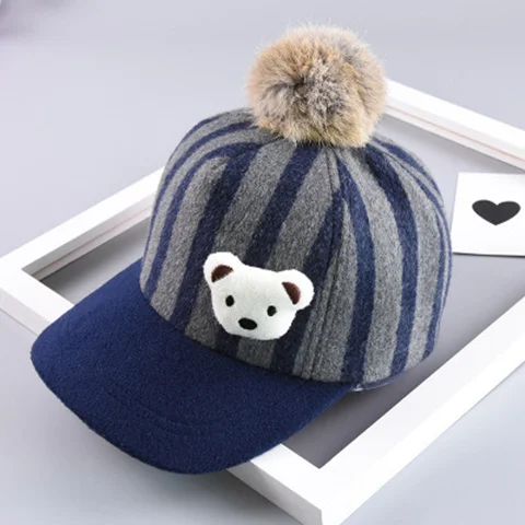 Новая модная детская шапка viseira с милым медведем, шляпа козырек для волос Meng, детская полосатая ворсистая Кепка с медведем, детская теплая шапка - Цвет: navy blue