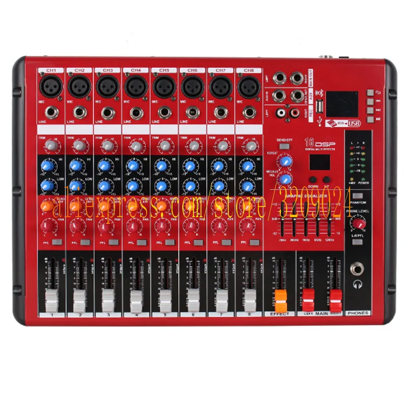 US $132.05 USB 8 Channel Professional Live Studio Audio Mixer New Mixing Console 3 Band Equalizer BuiltIn Effects With Bluetooth 48V