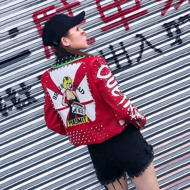 Women's Leather Jacket Punk Style Rivet Graffiti Moto Jacket Leather Coats 2018 Fashion Brand Streetwear Faux Leather Jacket