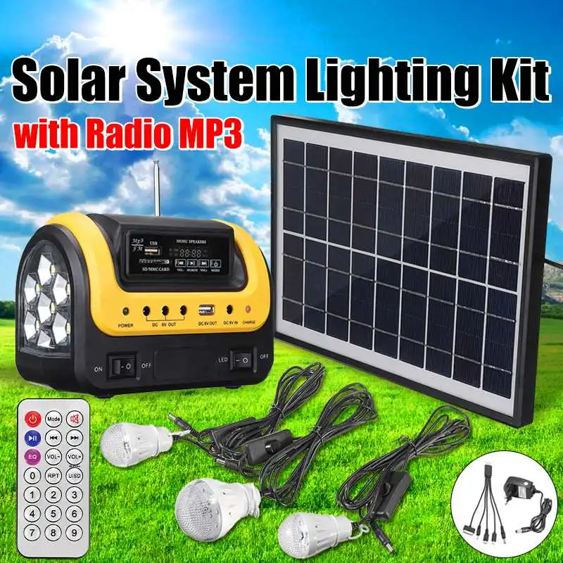 

USB Charger Home System Solar Power Panel Generator Kit with MP3 Radio 3 LED Bulbs Light Emergency Indoor Outdoor Lighting