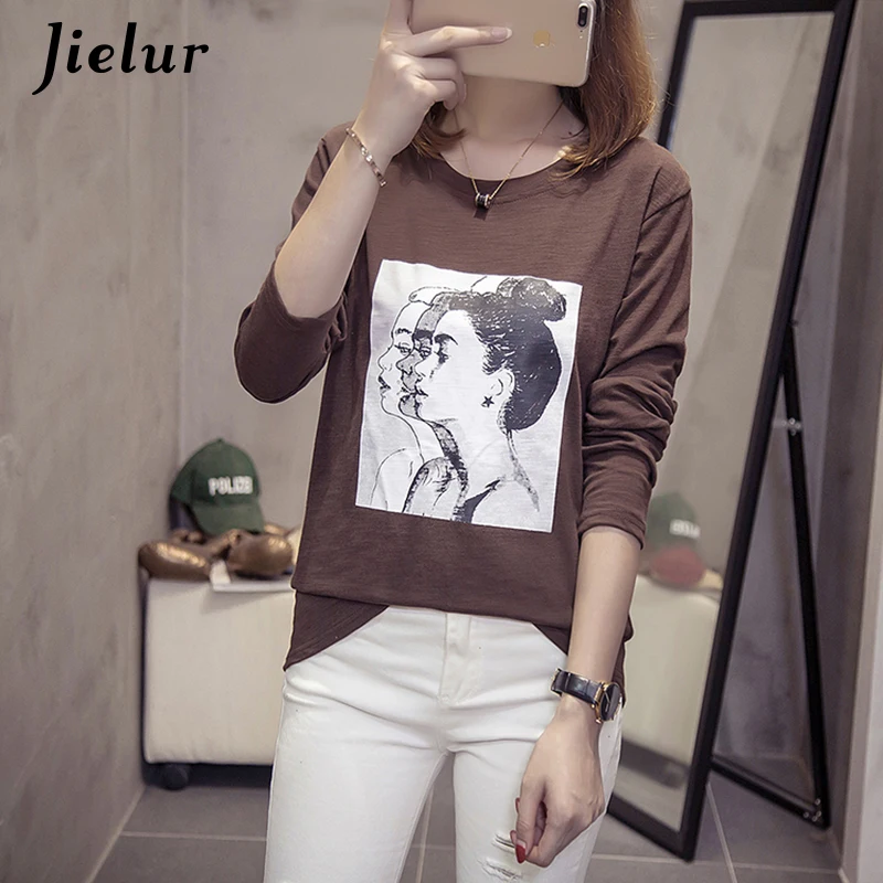 

Jielur Funny Printed Long Sleeve T Shirt Autumn Comfortable Cotton Vetement Femme 2019 Korean Style White Tshirt Women Dropship