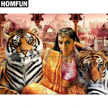 

HOMFUN Full Square/Round Drill 5D DIY Diamond Painting "Tiger Indian beauty" Embroidery Cross Stitch 3D Home Decor Gift A00180