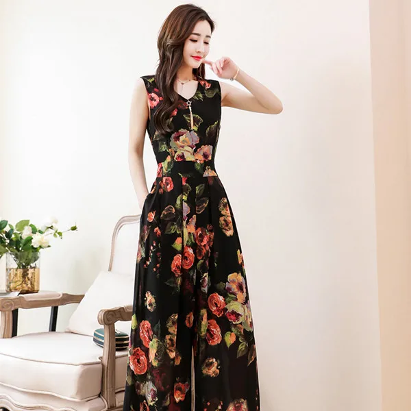 Summer Chiffon Jumpsuit Women Floral Print V Neck Jumpsuits Rompers Elegant Lady Sleeveless Wide Leg Pants Playsuits Overalls - Цвет: Style 5