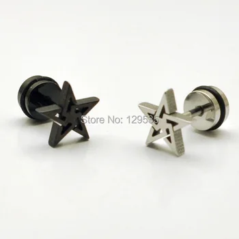 

New Fashion Hollow Five-pointed star titanium steel Punk Men screw stud earrings 2 colors No fade free shipping