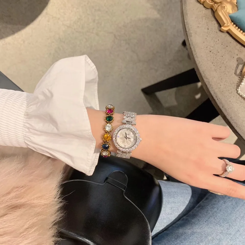Романтический элегантный Лотос часы для женщин Роскошные ювелирные изделия со стразами часы Blingbling кристаллы браслет наручные часы кварцевые Montre