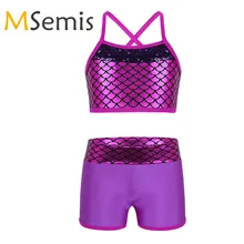 Детский гимнастический танкини для девочек, купальник для танцев, Костюм Русалки с блестками, детский балетный костюм, трико, топ на бретелях с шортами