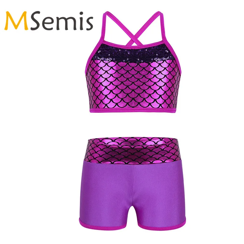 

Kids Girls Tankini Swimsuit Gymnastics Outfit Sequins Mermaid Two Pieces Swimming Suit Tank Top with Short Children's Swimwear