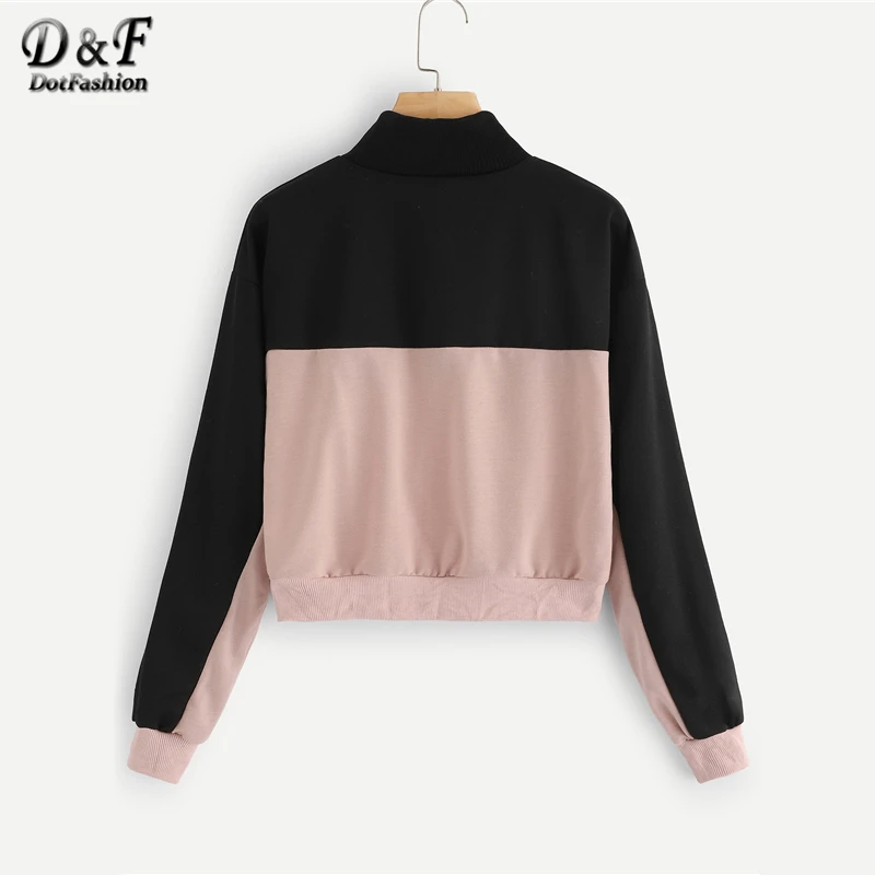  Dotfashion Contrast Panel Half Zip Crop Sweatshirt Women 2019 Autumn Casual Minimalist Tops Stand C