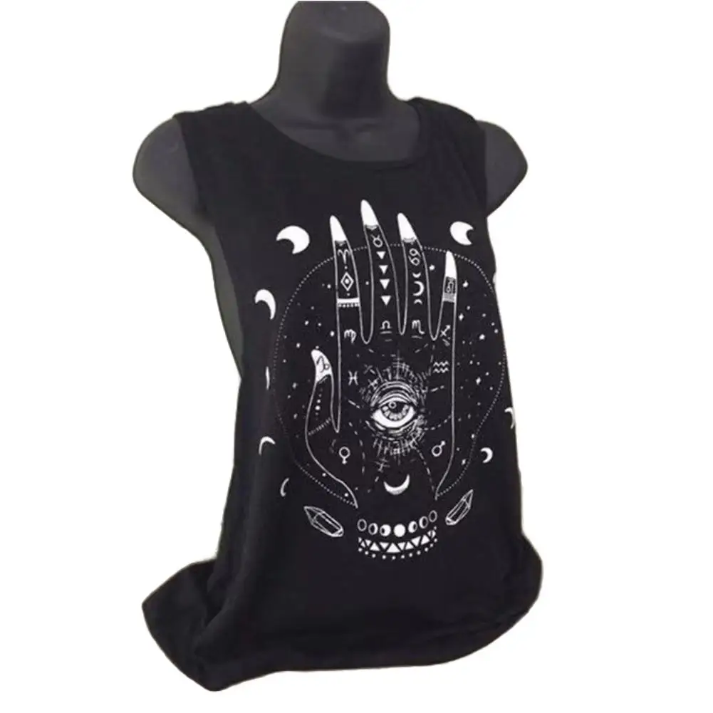 

2019 Plus Size Hand of Fatima Moon Print Summer Women Sleeveless Vest Loose Tank Top