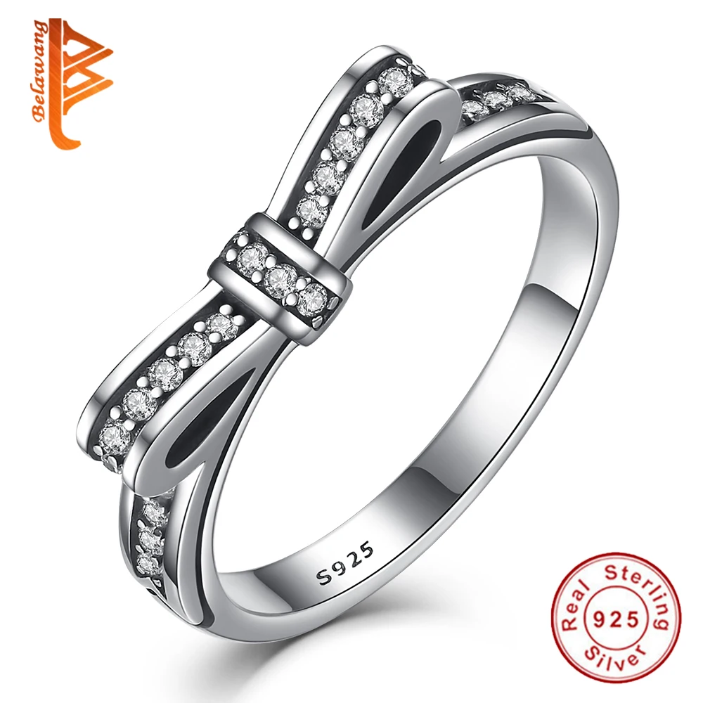 

BELAWANG HOT 925 Sterling Silver Sparkling Bow Knot Stackable Ring Micro Pave CZ for Women Valentine's Day Gift Jewelry