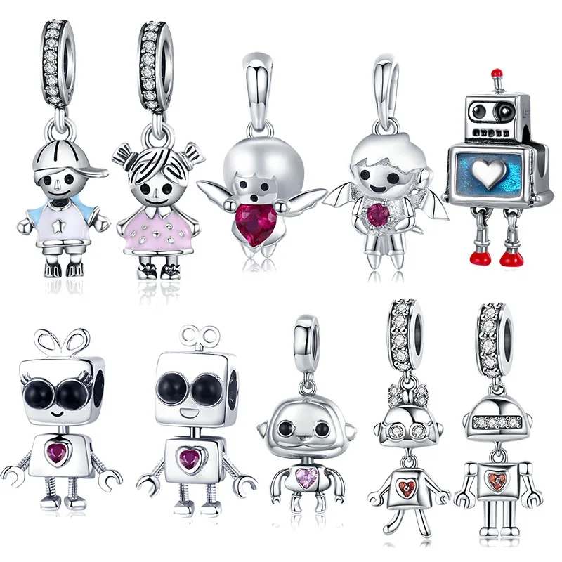 

Robot Girl Boy Charms Beads 925 Sterling Silver Fit Woman Pandora Charm Bracelet Making Jewelry