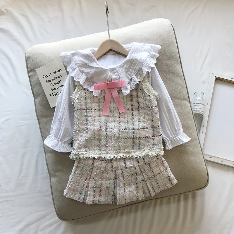 

2019 Spring&Autumn Baby Girls Plaid Cardigan Coat+Dress Kids Clothing Set for Girls Brands Beige Clothes Set