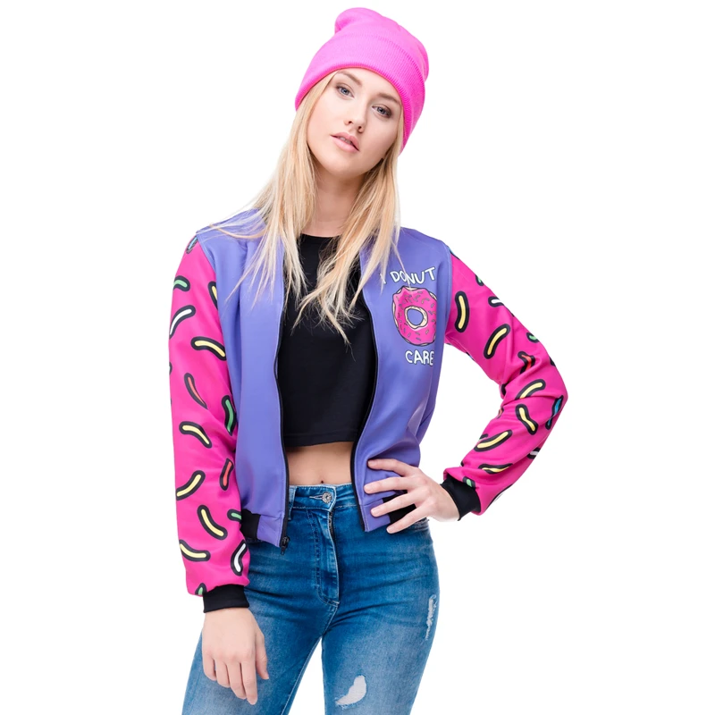 خريف شتاء 3D المطبوعة الكعك إمرأة منفذها سترة أبلى الكامل الأكمام قصيرة الفقرة البيسبول معاطف موضة جاكيتات