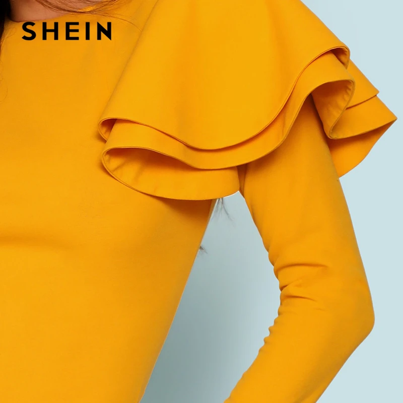 SHEIN элегантная однотонная облегающая футболка с длинным рукавом на молнии сзади и рюшами, Топ для женщин, современная Женская Осенняя футболка