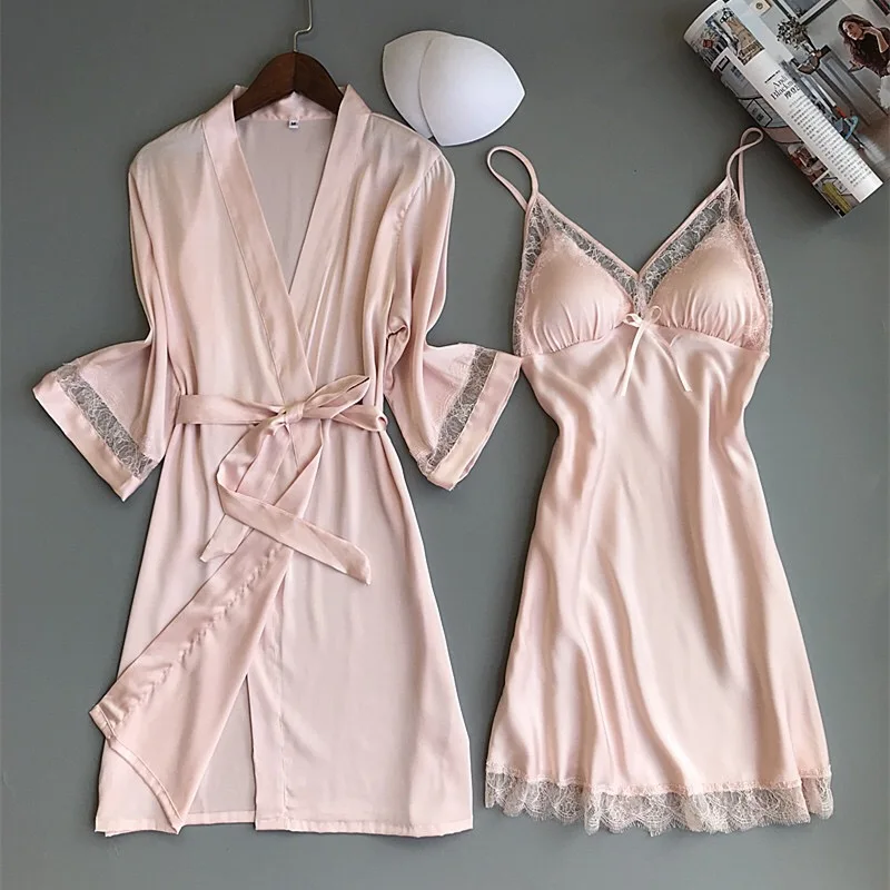 Комплекты халатов Новое поступление брендовых женских летних халатов и платьев Роскошная ночная рубашка с подкладкой+ банный халат из двух частей Сексуальная женская ночная рубашка - Цвет: pink