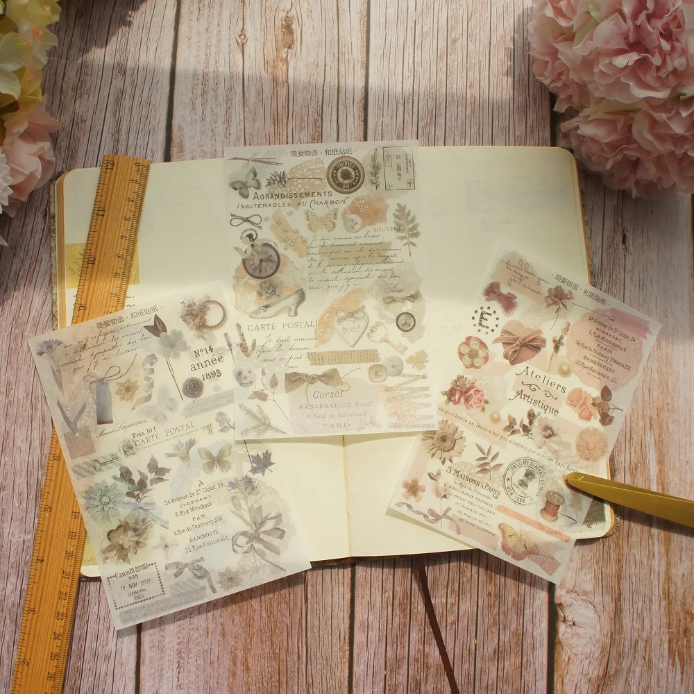

DIY 3 Sheets Retro Style Flower Letters Design Background Paper Sticker As Scrapbooking Decoration Gift Label Decoration Use