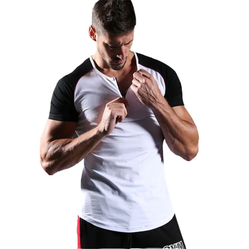 YEMEKE-Men-splice-Gyms-T-shirt-Mens-Fitness-Tight-t-shirt-Cotton-neckline-zipper-t-shirt (2)