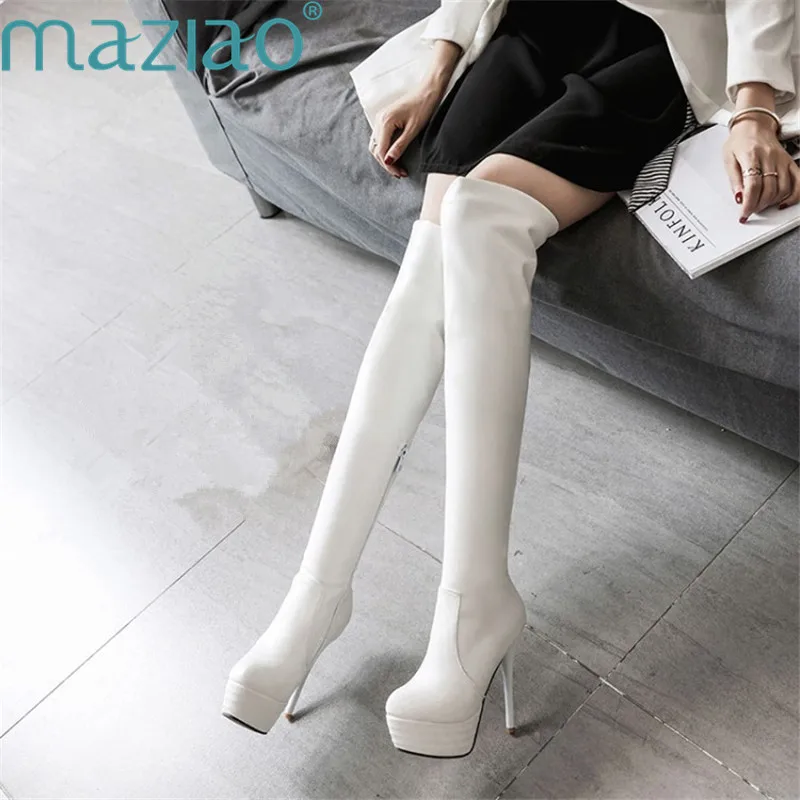 

Thigh High Women Shoe Round Head Side Zipper Waterproof Platform Super High Heel Winter Boots Women Genuine Leather Shoes MAZIAO