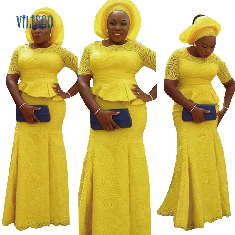 

Embroidered African Tops and Skirt Set with Headtie for Women Bazin Riche Ruffles Dress African Lace 2 Piece Sets Clothing XG082