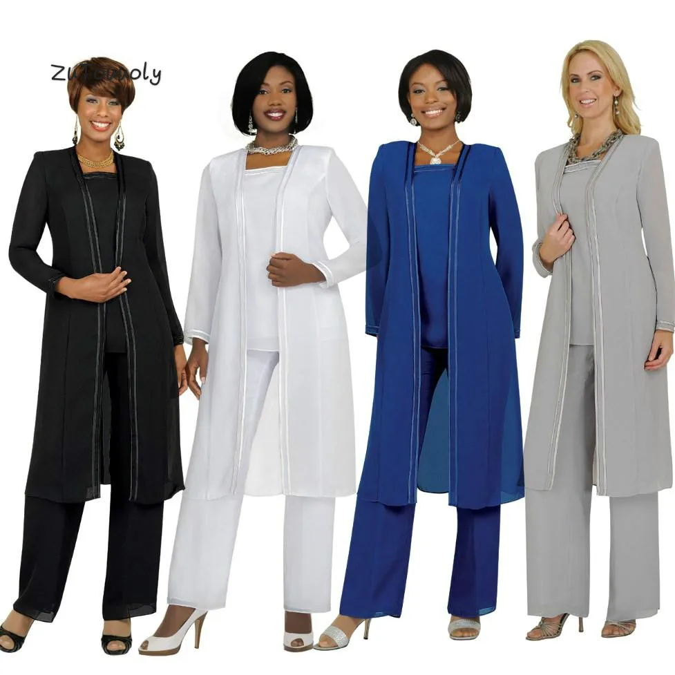 

Elegant Mother Of The Bride Pant Suits With Jackets Outdoor 3 Piece Godmother's Dinner Dress For Women Blue Silver Mom Wear Gown
