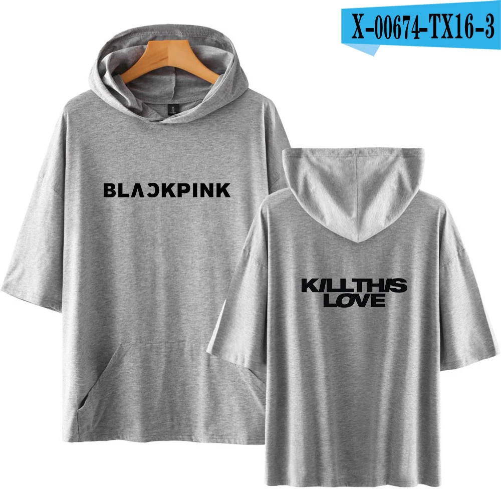 VAGROVSY Лето Kpop Blackpink хлопок с короткими рукавами толстовки для женщин мужчин хип хоп Blackpink KILLTHISLOVE вентиляторы Свободная Толстовка - Цвет: Gray