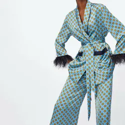 Fashion 2019 New Arrival Blue Printed Kimono Jacket Wide Leg Loose Casual Trousers Women Vintage Clothing Suits Fashion 2019 New Arrival Blue Printed Kimono Jacket Wide Leg Loose Casual Trousers Women Vintage Clothing Suits