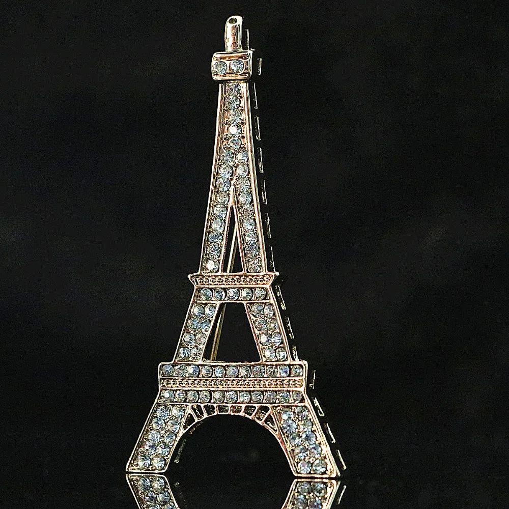 

New Gold-color Paris Eiffel Tower brooch white rhinestone crystal Fashion gift pin jewelry B1220