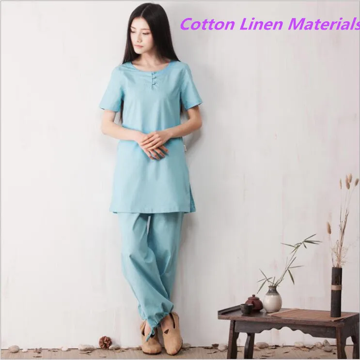 Hoge Kwaliteit Katoen linnen Kungfu Past Top + Broek Oefening Kleding Lady Zomer Meditatie Kleding Korte mouwen Yoga kleding Hoge Kwaliteit Katoen linnen Kungfu Past Top + Broek Oefening Kleding Lady Zomer Meditatie Kleding Korte mouwen Yoga kleding